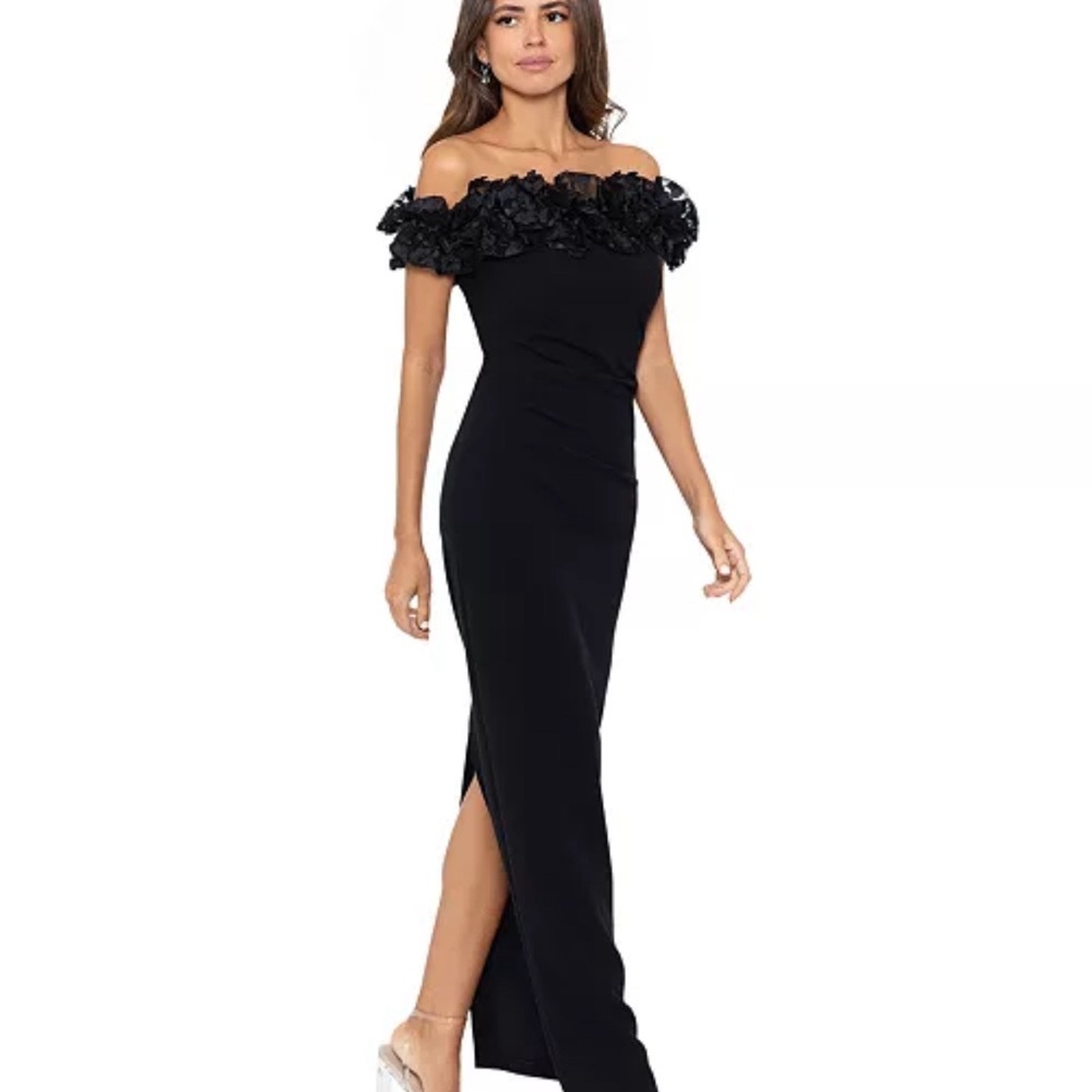 Xscape Evening Gown "MAYA" off the shoulder 3D flower ruffle gown